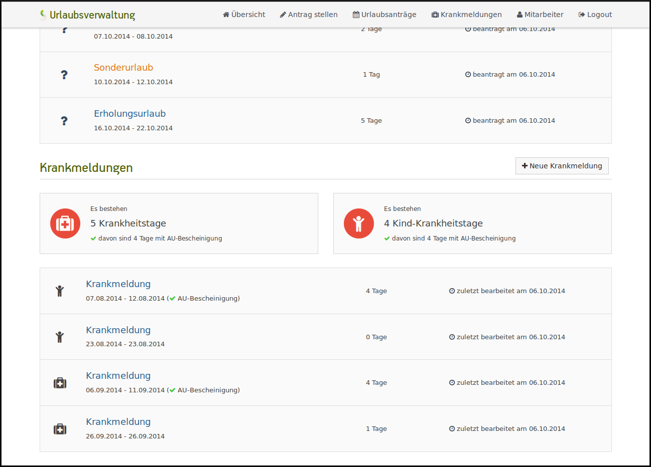 "Übersichtsseite - Krankmeldungen"