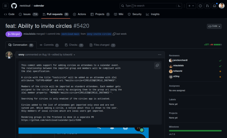 Screenshot von GitHub, zu sehen ist ein Issue, den onny erstellt und bearbeitet hat. Er ermöglicht, Kreise (circles) zu Terminen einzuladen.